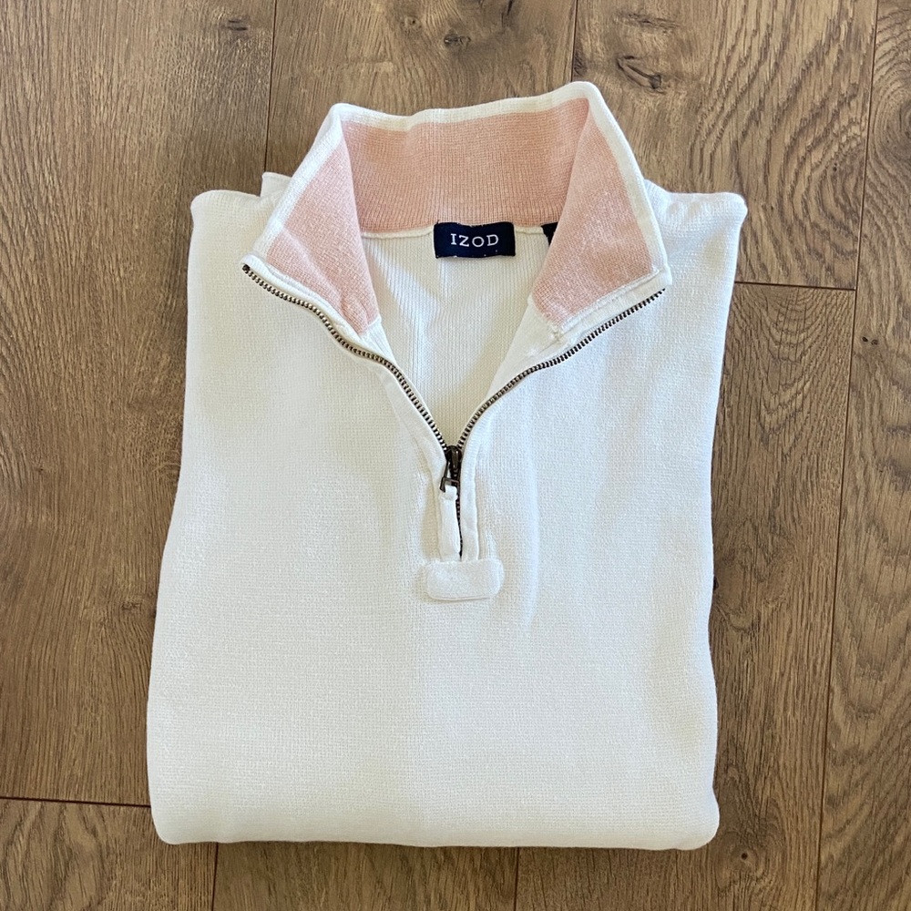 IZOD 100% Cotton Quarter Zip Sweater Cream Blush Collar Size M
